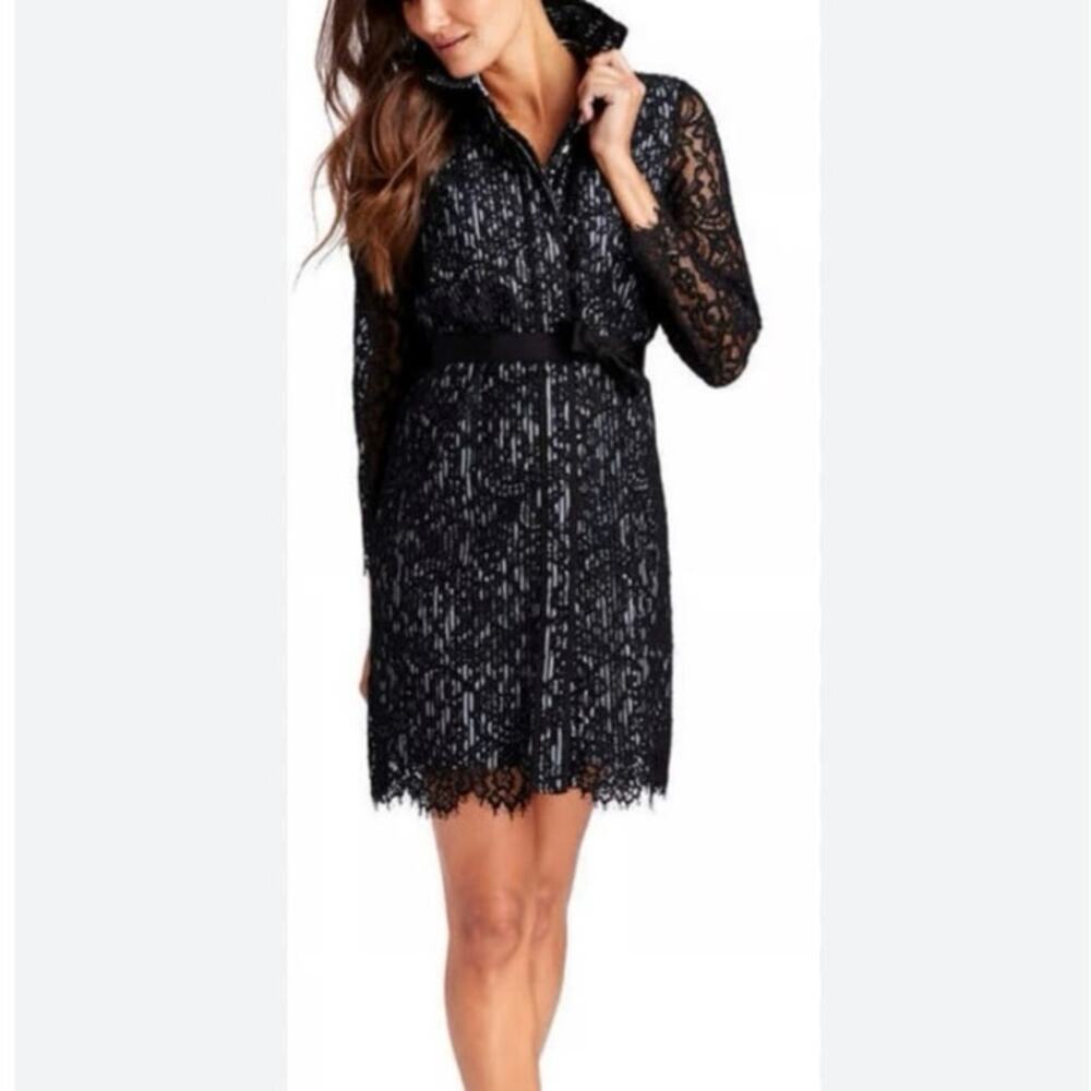Vineyard Vines Hadley Black Lace Overlay Navy White Pinstripe Shirt Dress Size 0